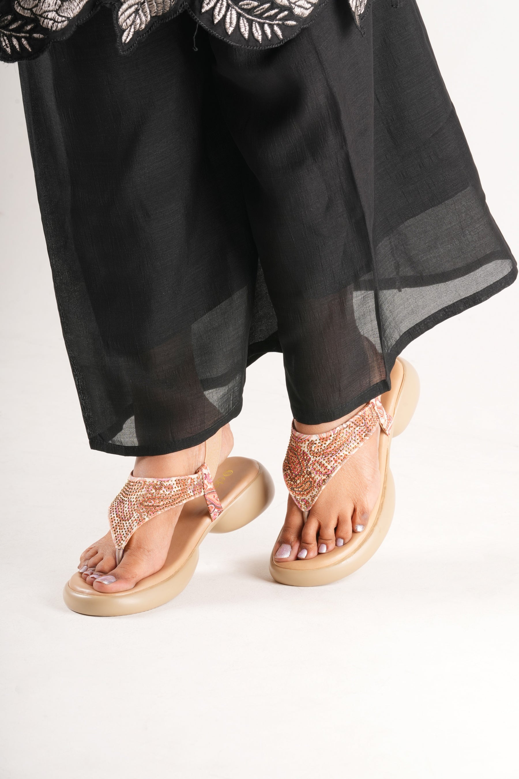 Sia Flat Sandals - Black Base with Antique Embellishments