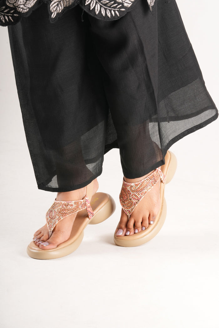Sia Flat Sandals - Black Base with Antique Embellishments
