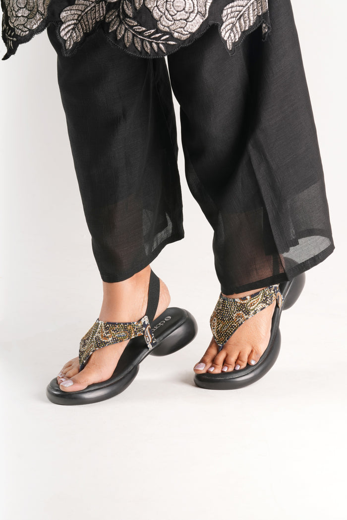 Sia Flat Sandals - Beige Base with Ethnic Embellishments