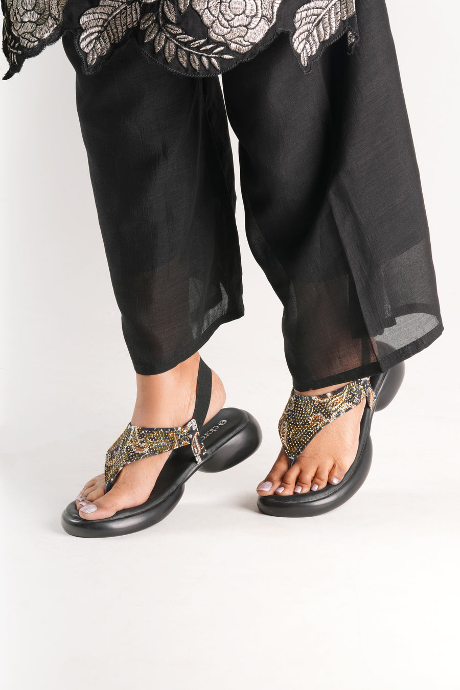 Sia Flat Sandals - Beige Base with Ethnic Embellishments