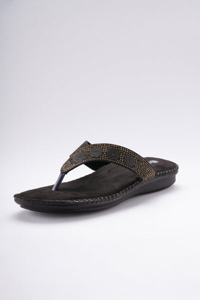 Sofi Flat Sandals - Black with Gold Detailing