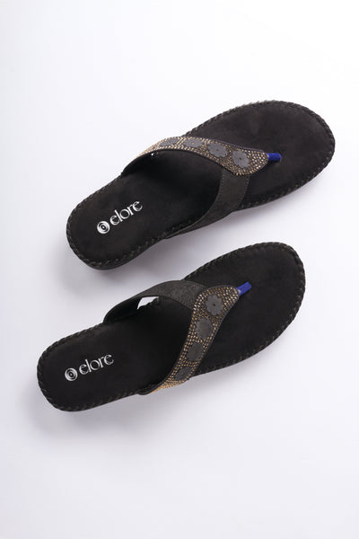 Sofi Flat Sandals - Black with Gold Detailing