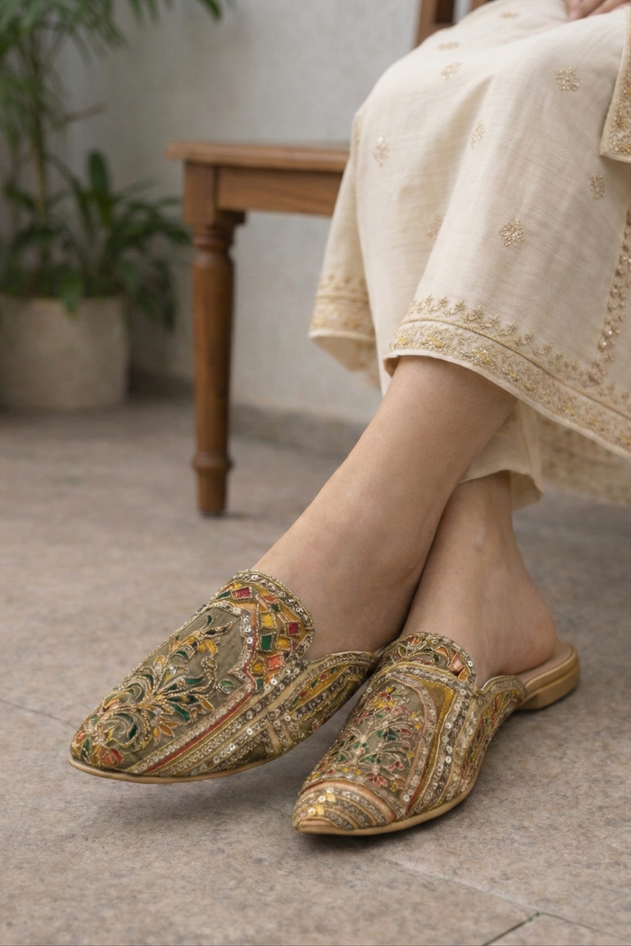 Amaira Mules - Golden Embroidered